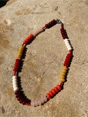 Multicolor Glass Beaded Necklace – Red, Yellow, Cream